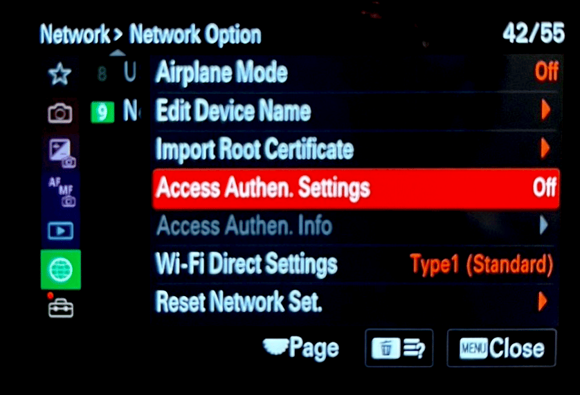 เมนูกล้อง — Access Authen. Settings ตั้งเป็น Off
