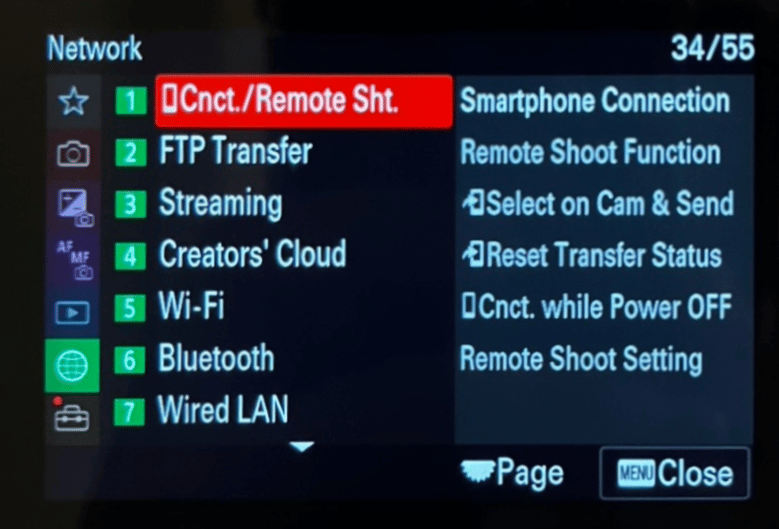เมนูกล้อง — Cnct./Remote Sht.