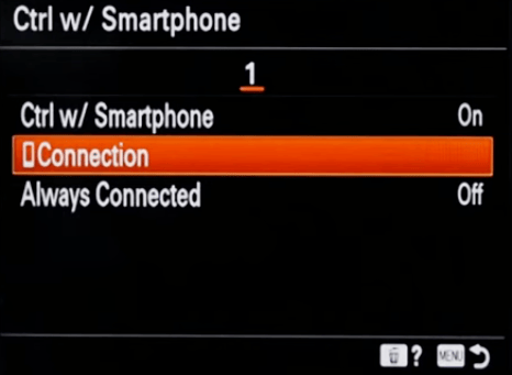 Camera menu — Connection option highlighted