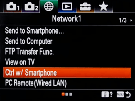 Camera menu — Network showing Ctrl w/ Smartphone