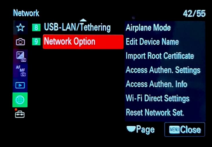 เมนูกล้อง — Network Option แสดง Access Authen. Settings