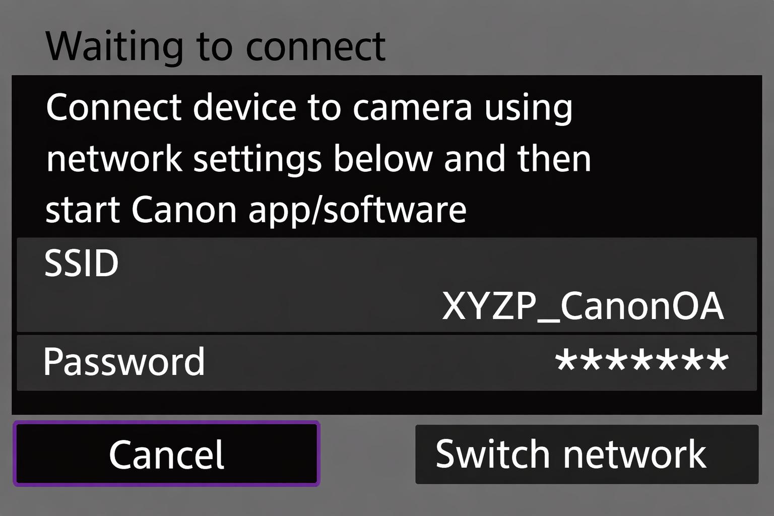 Camera — SSID and Password displayed