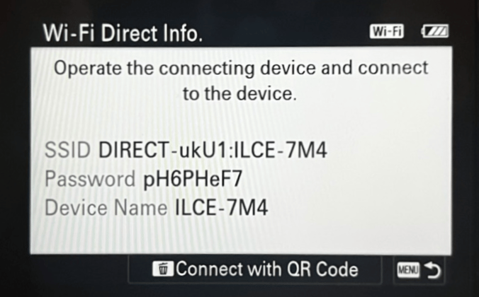 กล้อง — Wi-Fi Direct Info แสดง SSID และรหัสผ่าน